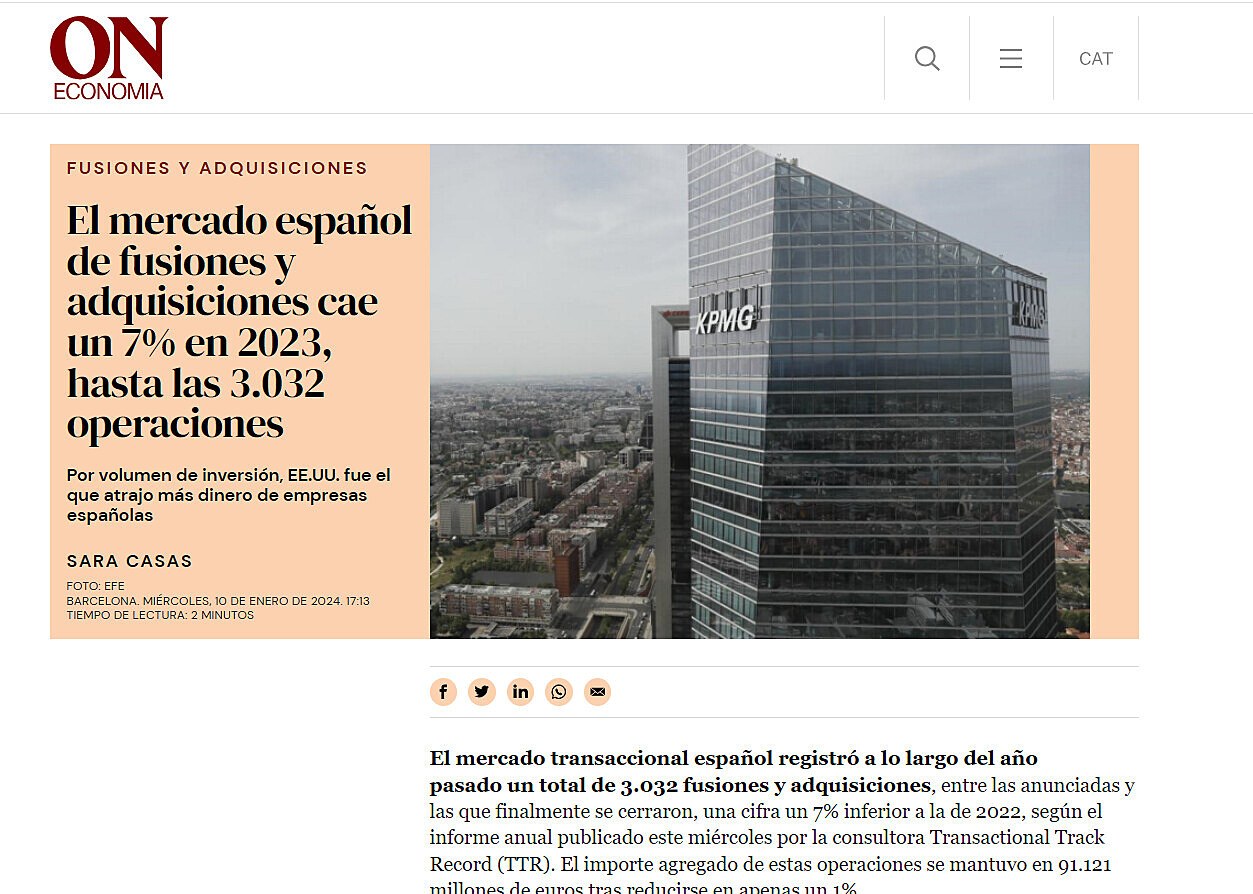 El mercado espaol de fusiones y adquisiciones cae un 7% en 2023, hasta las 3.032 operaciones